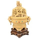 A CHINESE CARVED IVORY INCENSE BURNER ON WOODEN STAND, 19TH CENTURY. Standing on four legs with a