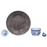 A GROUP OF FOUR CHINESE ITEMS. To include a blue and white porcelain box and cover in the form of