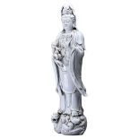 A VERY LARGE CHINESE BLANC-DE-CHINE FIGURE OF GUANYIN. The figure dressed in long flowing robes