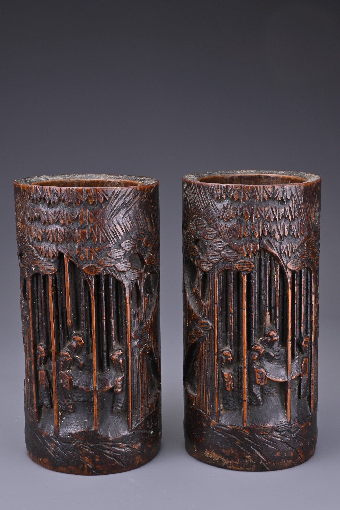 PAIR OF CHINESE BAMBOO BRUSH POTS, 19TH CENTURY. Each carved in relief with figures in bamboo - Image 2 of 6