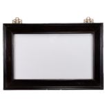 A CHINESE HARDWOOD PICTURE FRAME. With pierced metal 'Shou' character wall mounts with glazed front.