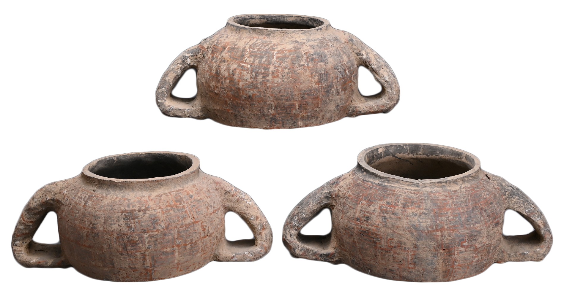 THREE RARE CHINESE PAINTED POTTERY STACKING POTS, WARRING SATES PERIOD (476?221BC). Each with