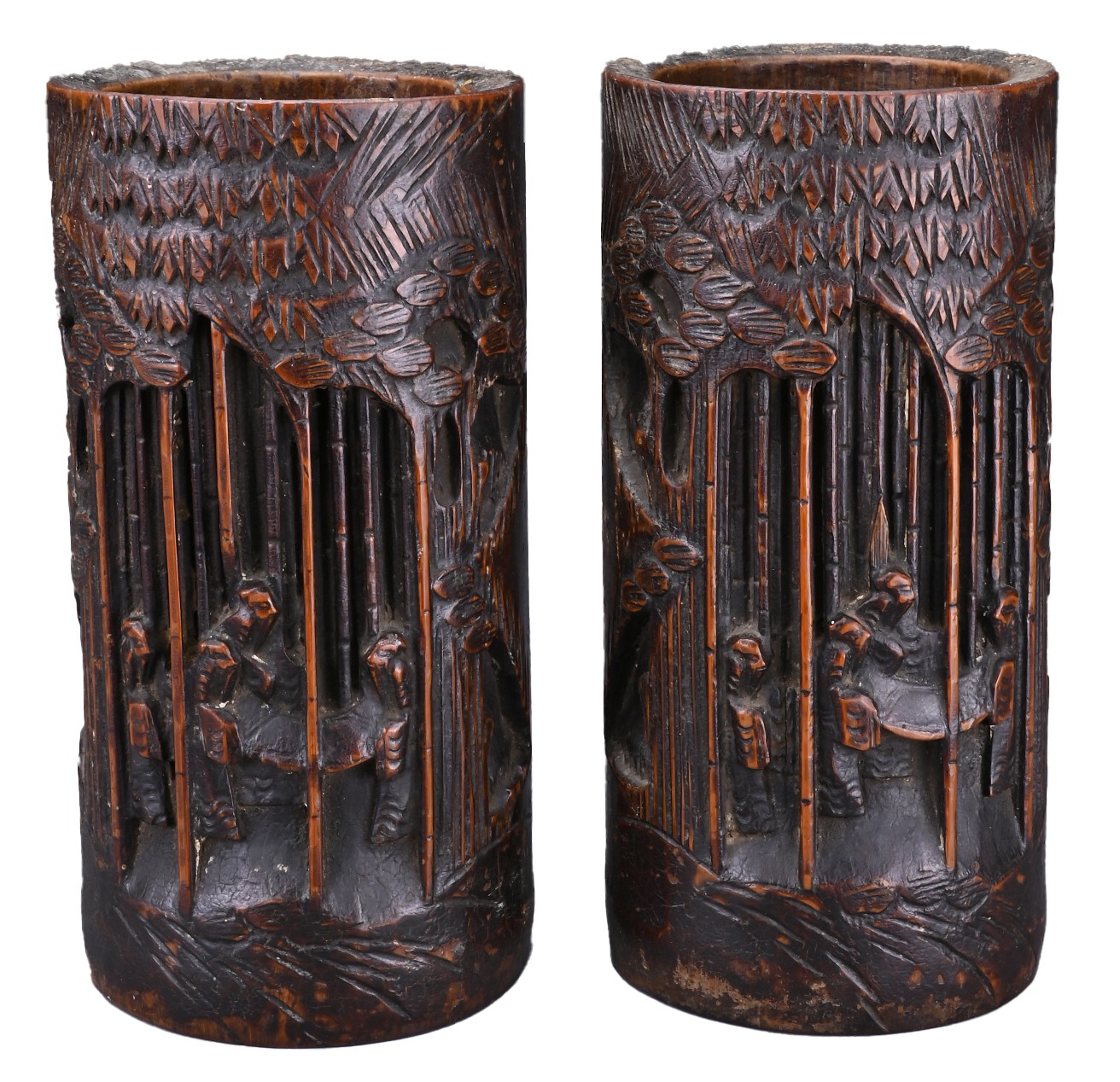 PAIR OF CHINESE BAMBOO BRUSH POTS, 19TH CENTURY. Each carved in relief with figures in bamboo