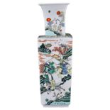 A CHINESE FAMILLE VERTE PORCELAIN VASE, KANGXI MARK. Of square tapering form and flared neck. Each