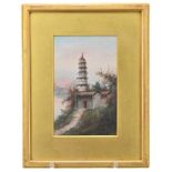 A FRAMED OIL PAINTING OF A PAGODA, UNSIGNED, EARLY 20TH CENTURY. With original framers label to