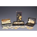 THREE BOXES OF COWRIE SHELL AND BONE GAMING COUNTERS. To include two Japanese lacquer and gilt boxes
