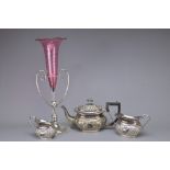 A CRANBERRY GLASS TRUMPET VASE WITH TEAPOT