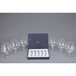 BOXED MIKIMOTO RIBBON COCKTAIL STIRRERS TOGETHER WITH SET OF SIX LIQUOR GLASSES