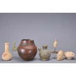 COLLECTION OF SIX PIECES OF POTTERY AND A GLASS BOTTLE VASE, INCLUDING TANG HEAD