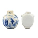TWO CHINESE PORCELAIN SNUFF BOTTLES, 19TH CENTURY. To include an ovoid blue and white porcelain