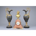 MANTLE CLOCK WITH FEMALE BUST FINIAL, yellow metal details and key; together with pair of slate