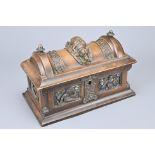 A CONTINENTAL WOODEN JEWELLERY BOX WITH RELIEF METAL DETAILS, including resting dog, jesters and