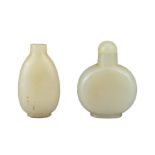 TWO CHINESE JADE SNUFF BOTTLES, QING DYNASTY. One flattened circular body with jade stopper.