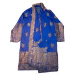 AN ANTIQUE VINTAGE INDIAN / MIDDLE EASTERN EMBROIDERED ROBE. Blue ground with gold coloured thread
