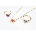 GOLD RINGS AND PENDANT NECKLACE. To include a 18K gold and diamond ring, stamped 18K 0.75. A 9ct