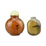 TWO CHINESE GLASS SNUFF BOTTLES. Imitation agate, brown and orange glass with black splashes. One