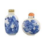 TWO CHINESE BLUE AND WHITE PORCELAIN SNUFF BOTTLES, 19TH CENTURY. To include a circular bottle