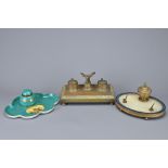 THREE 19TH CENTURY INKWELLS, to include: one gilt metal with eagle finial; one enamel and gilt