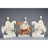 THREE VICTORIAN STAFFORDSHIRE FIGURES of a horse mounted highlander with stag, painted with