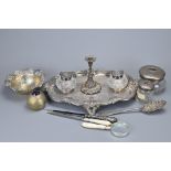 A GROUP OF SILVER / SILVER PLATED ITEMS. To include a ink well tray with candlestick, a decorative