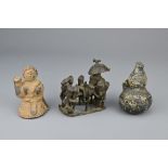 THREE CERAMIC AND BRONZE ITEMS. To include a bronze ceremonial procession figure, African Benin