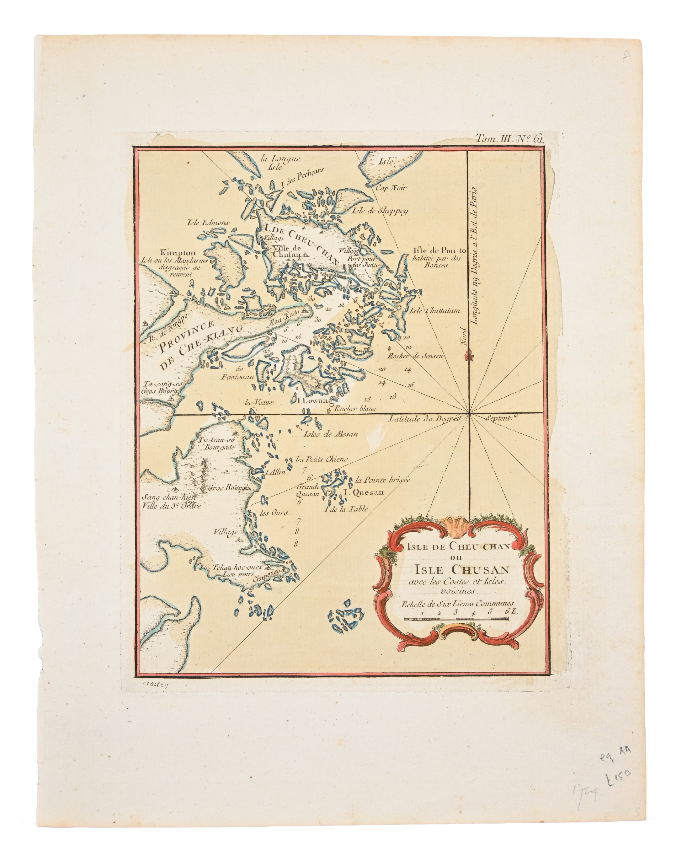 AN ANTIQUE PRINTED MAP BY J. N. BELLIN, c.1764. ISLE DE CHEU CHAN OU ISLE CHUSAN avec les Costes