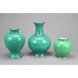 THREE VINTAGE JAPANESE ANDO ENAMEL VASES, 20TH CENTURY. Each of various shapes covered in a green