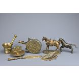 GROUP OF SEVEN BRONZE, BRASS AND GILT METAL ITEMS to include: bronze letter-opener of claw holding