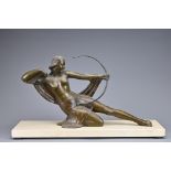 ART DECO BRONZE FIGURE OF A FEMALE ARCHER, SIGNED S. MELANI. One rectangular stone base inscribe S