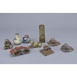 A GROUP OF CHINESE AND JAPANESE MIXED METAL ITEMS. Comprising two bronze seals; a bronze dog