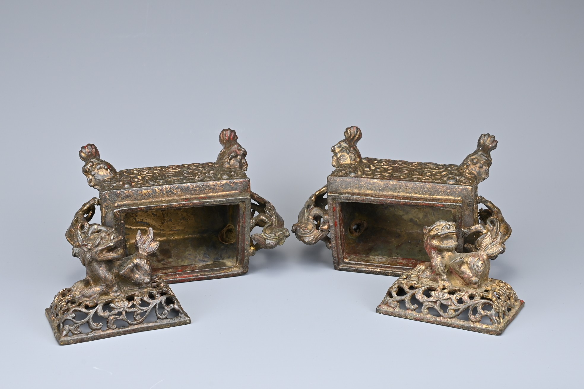 A PAIR OF CHINESE GILT BRONZE INCENSE BURNERS. Each or rectangular form with animal form handles and - Image 6 of 9