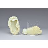 TWO CHINESE PALE CELADON JADE ITEMS. To include a lotus leaf brush washer with dragon fly and