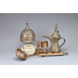 A GROUP OF MIDDLE EASTERN METALWARE ITEMS, 20TH CENTURY AND EARLIER. Comprising a Dallah coffee