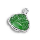 AN 18KT WHITE GOLD, DIAMOND AND JADEITE BUDDHA PENDANT. Carved with a buddha within white gold and