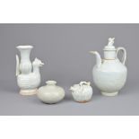 FOUR CHINESE QINGBAI PORCELAIN ITEMS. To include a jarlet, chicken form ewer, water dropper in the