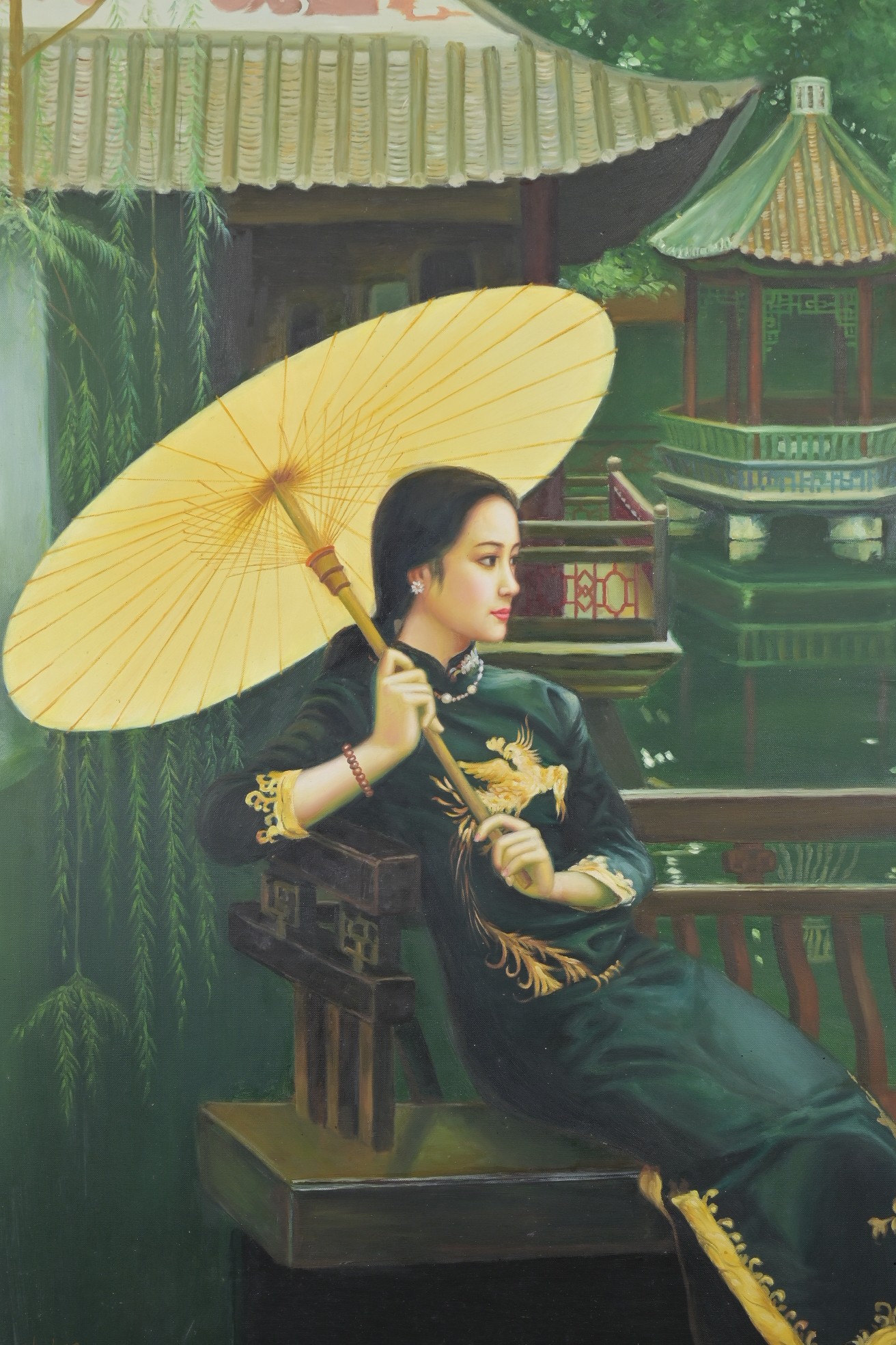 H. LEE (CONTEMPORARY), PORTRAIT OF A LADY HOLDING A PARASOL, OIL ON CANVAS. Signed H Lee lower left, - Image 2 of 5