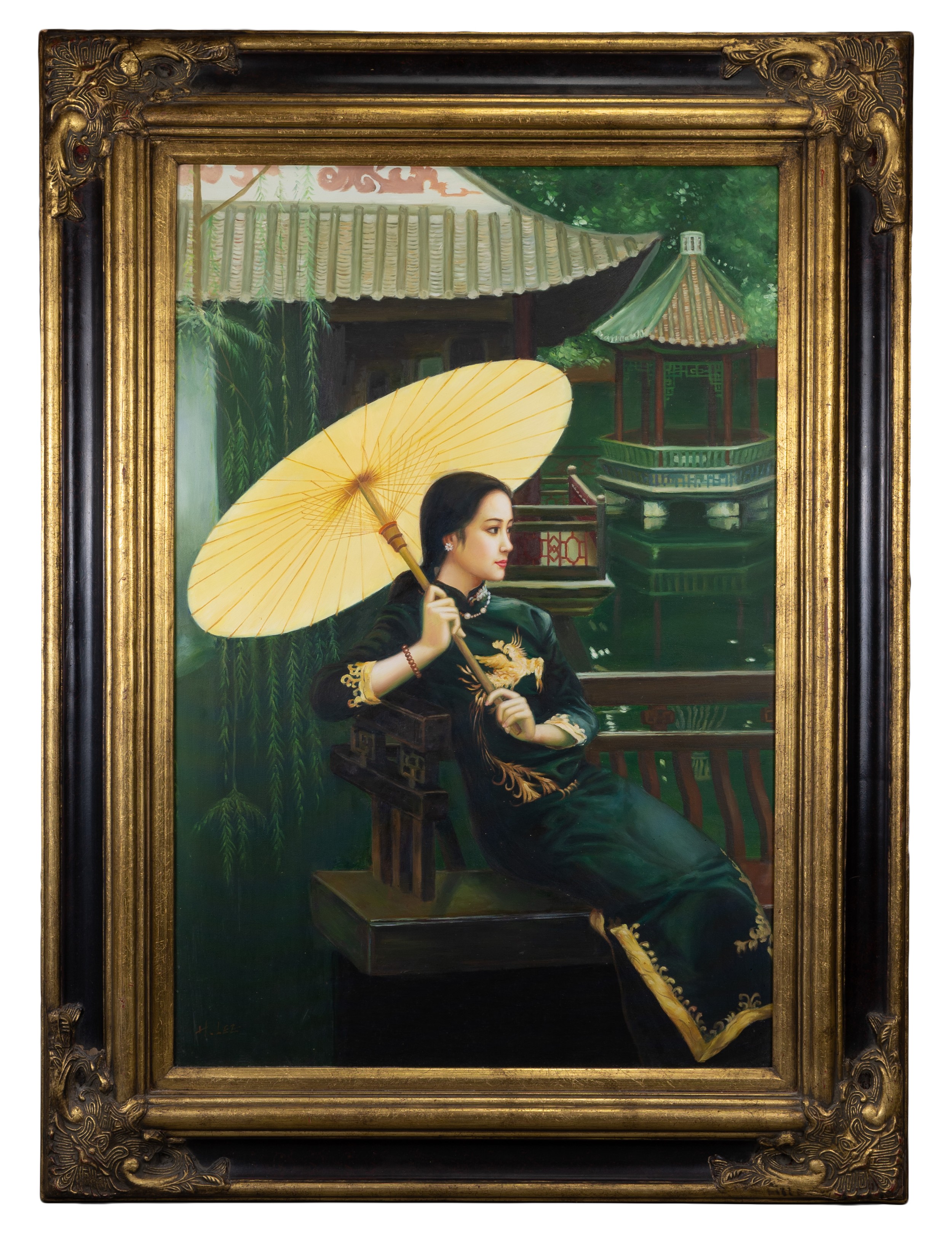 H. LEE (CONTEMPORARY), PORTRAIT OF A LADY HOLDING A PARASOL, OIL ON CANVAS. Signed H Lee lower left,