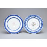 TWO CHINESE OCTAGONAL ARMORIAL DISHES, 18TH CENTURY. Each with underglaze blue decoration to edge
