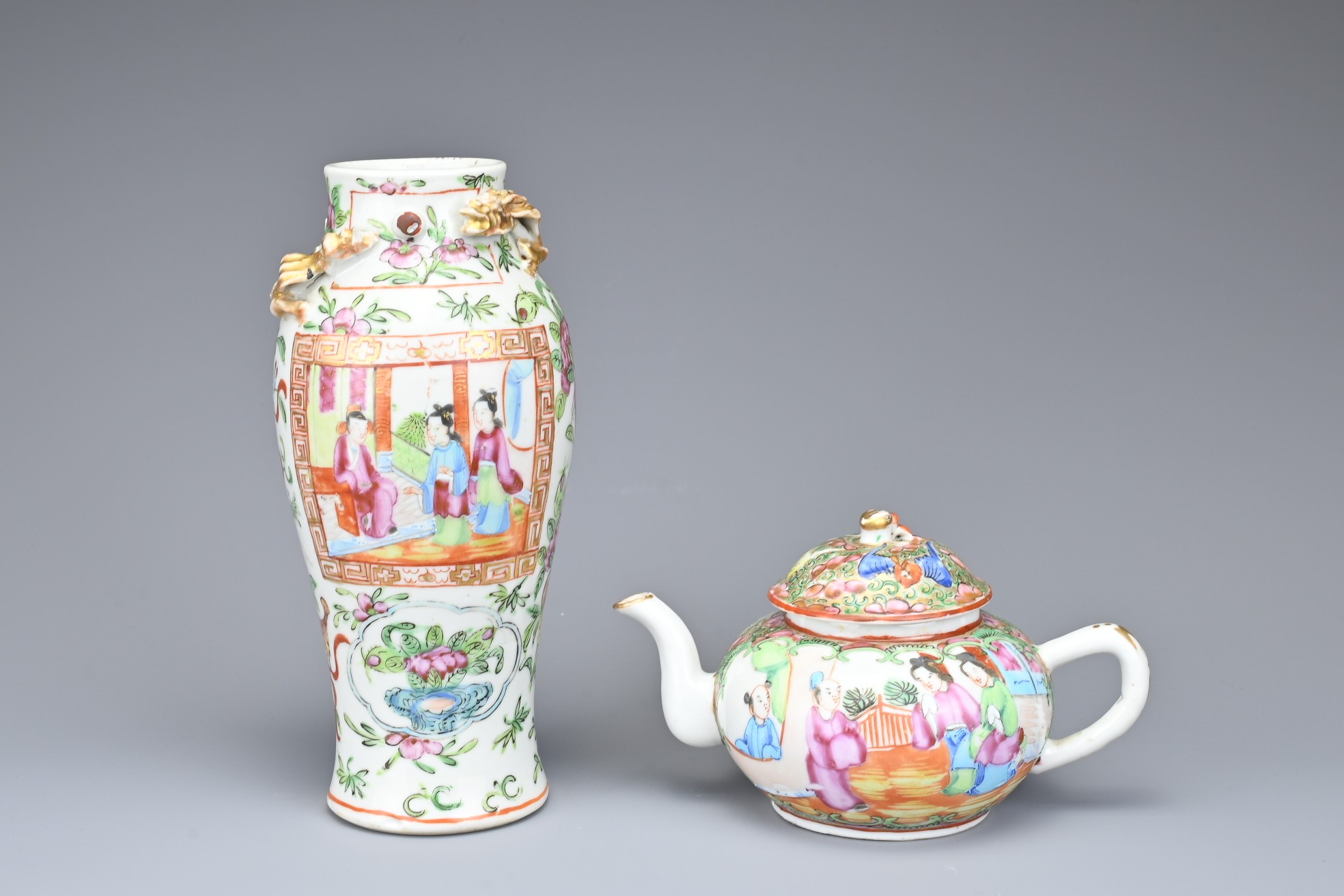 TWO CHINESE CANTON FAMILLE ROSE PORCELAIN ITEMS, 19TH CENTURY. To include a vase with gilt chilong