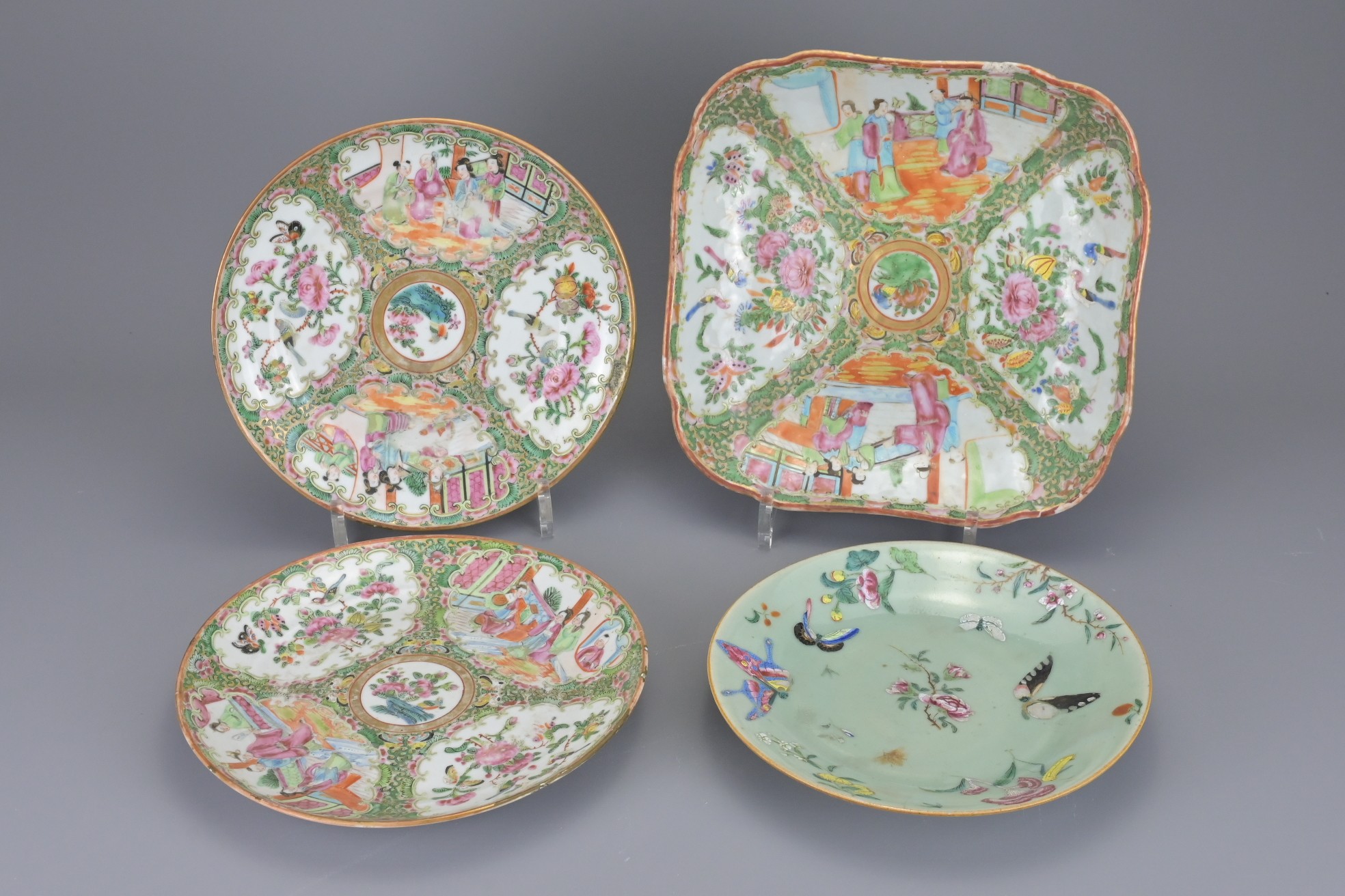FOUR VARIOUS CANTONESE FAMILLE ROSE DISHES AND PLATES, 19TH CENTURY. Comprising a shaped square dish
