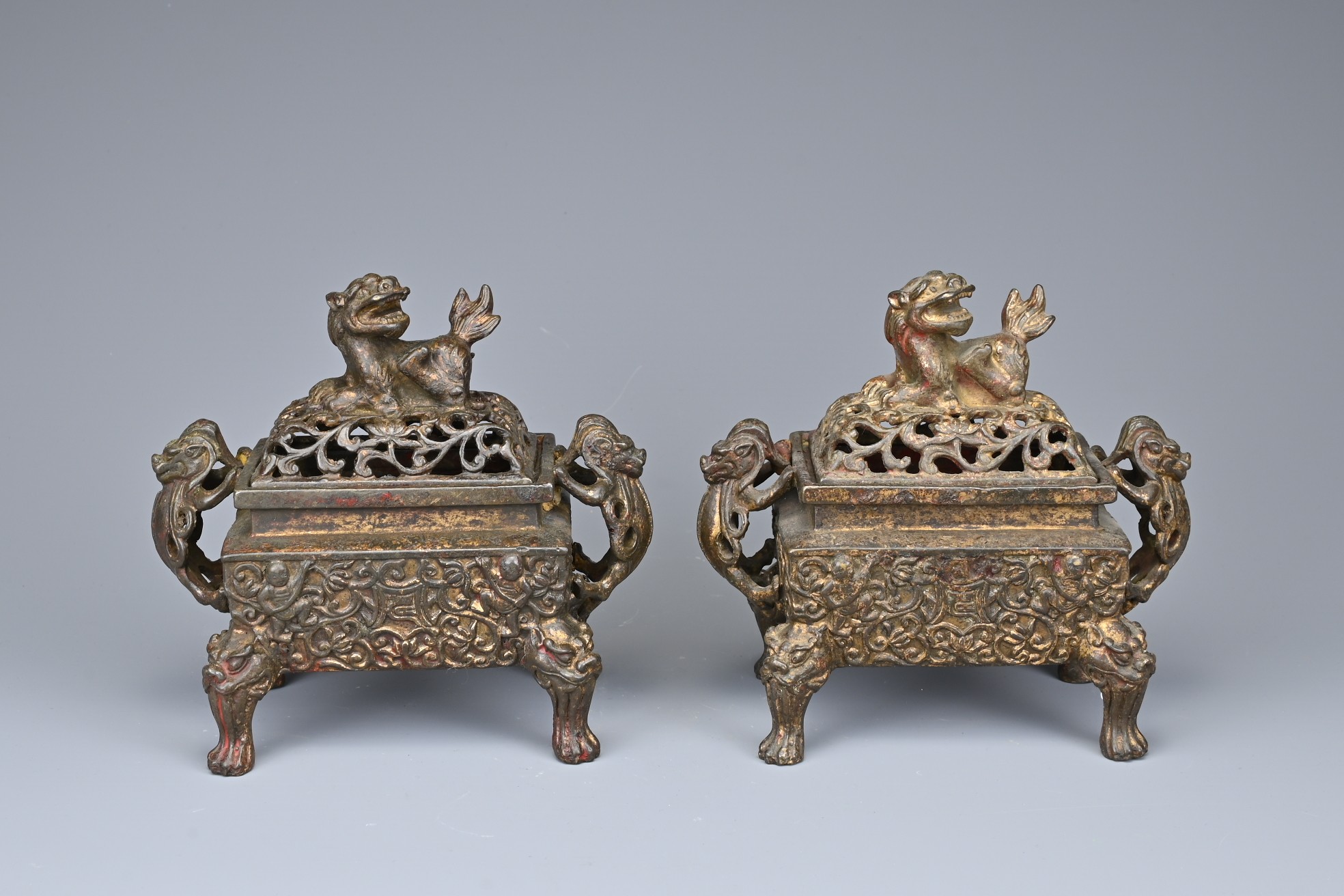 A PAIR OF CHINESE GILT BRONZE INCENSE BURNERS. Each or rectangular form with animal form handles and - Image 2 of 9