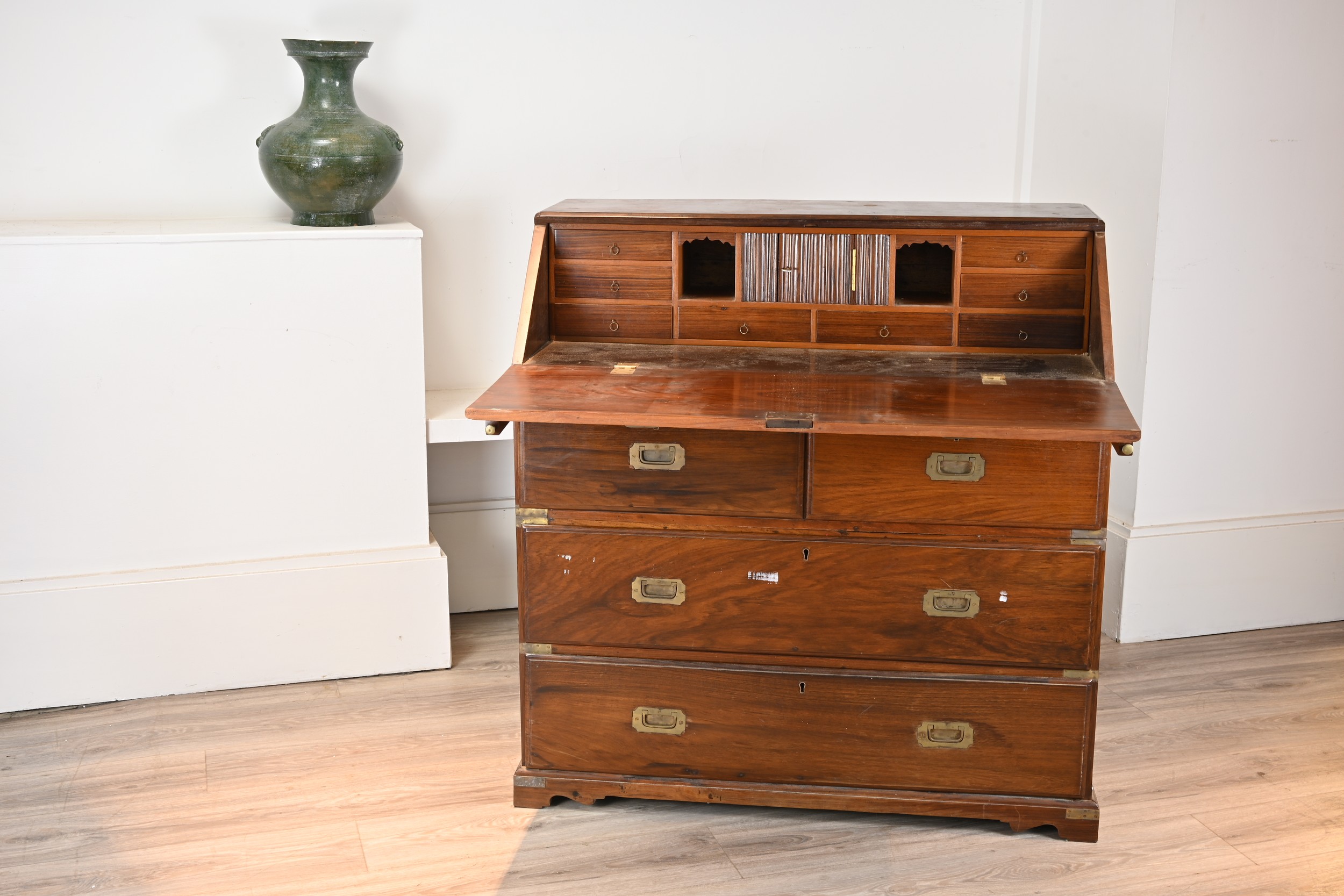 AN ANTIQUE ANGLO INDIAN CAMPAIGN BUREAU, CIRCA 1900. The two sectioned hardwood writing desk with - Image 3 of 5