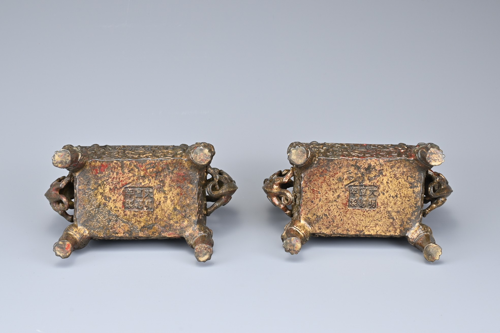 A PAIR OF CHINESE GILT BRONZE INCENSE BURNERS. Each or rectangular form with animal form handles and - Image 9 of 9