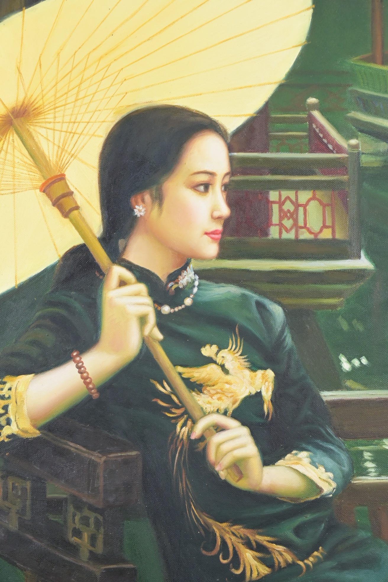 H. LEE (CONTEMPORARY), PORTRAIT OF A LADY HOLDING A PARASOL, OIL ON CANVAS. Signed H Lee lower left, - Image 4 of 5