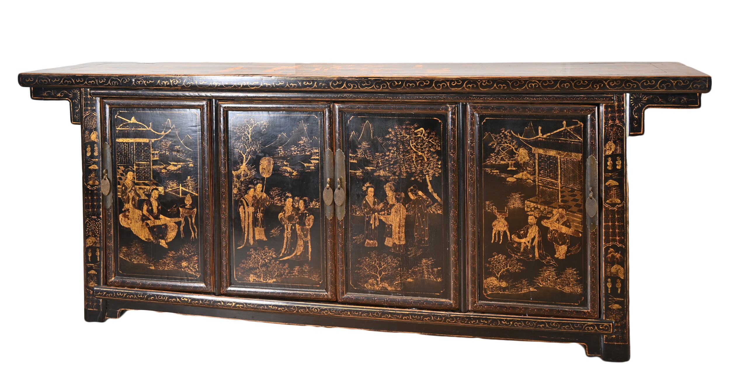 A LARGE CHINESE BLACK LACQUER AND GILT DECORATED SIDEBOARD, 19TH CENTURY. Well decorated to each