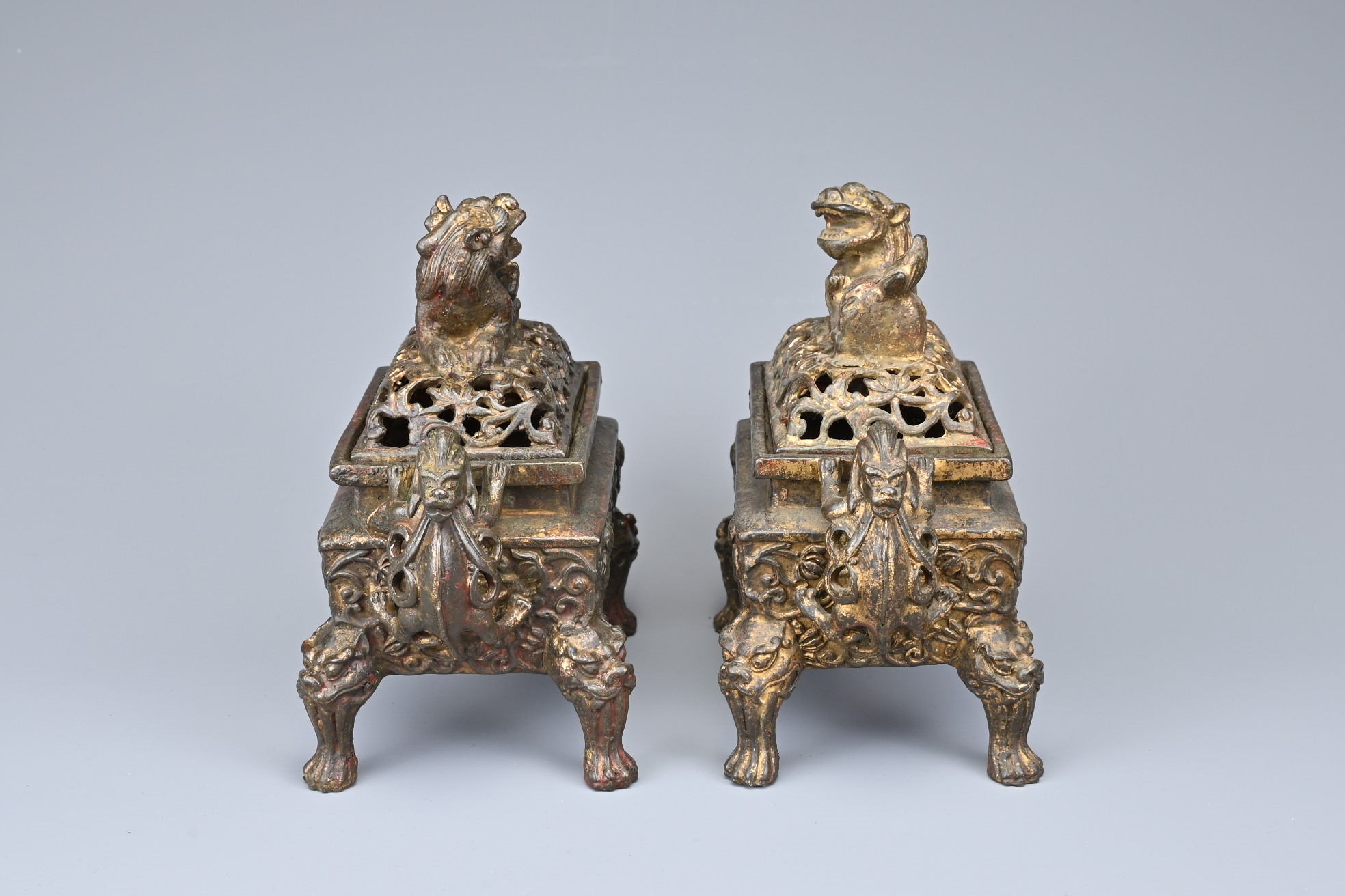 A PAIR OF CHINESE GILT BRONZE INCENSE BURNERS. Each or rectangular form with animal form handles and - Image 3 of 9