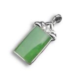 AN 18KT WHITE GOLD, DIAMOND AND JADEITE PENDANT. Of arched rectangular form, mounted in a white gold