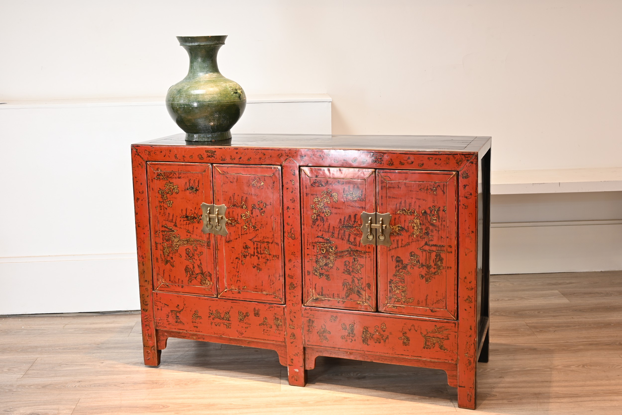 A CHINESE RED AND BLACK LACQUER ELM SIDE BOARD, SHANXI PROVINCE, 19TH CENTURY. Four-panel doors with - Image 4 of 8