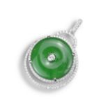 AN 18KT WHITE GOLD, DIAMOND AND JADEITE CIRCULAR PENDANT. With Huaigu shaped jadeite disc centred by