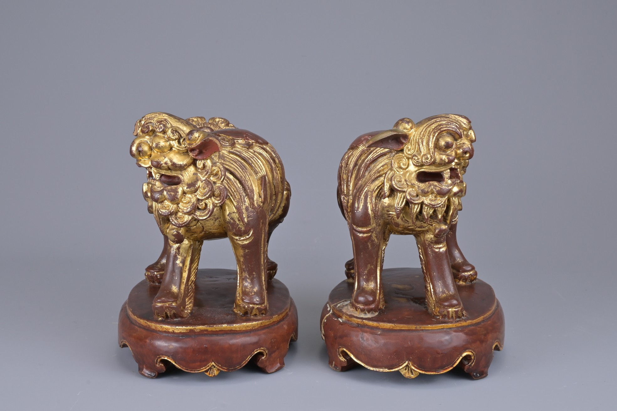 A PAIR OF CHINESE CARVED WOOD GILT LACQUERED LIONS. Standing fiercely with bushy tail. Ruyi head - Image 5 of 6